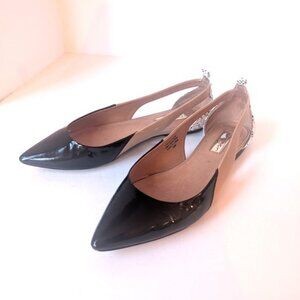 Halogen Pointed-Toe Black Tan Snakeskin Leather Slingback Flats